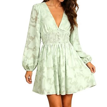 Women's Smocked Waist Long Sleeve Mini Dress - V-Neck Floral Chiffon Dress for Casual Evening Wear