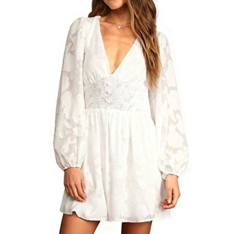Women's Smocked Waist Long Sleeve Mini Dress - V-Neck Floral Chiffon Dress for Casual Evening Wear
