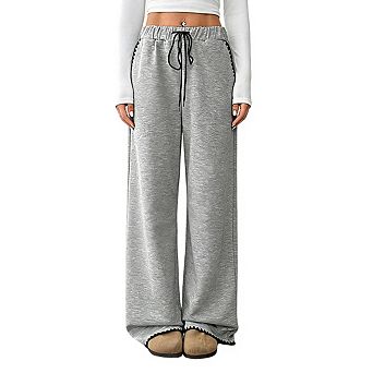 Womens Elastic Waist Drawstring Contrast Trim Side Pockets Casual Wide Leg Pants