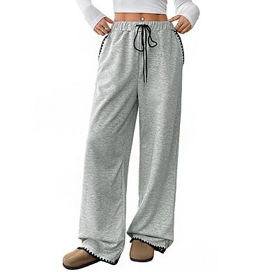 Womens Elastic Waist Drawstring Contrast Trim Side Pockets Casual Wide Leg Pants