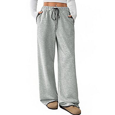 Womens Elastic Waist Drawstring Contrast Trim Side Pockets Casual Wide Leg Pants