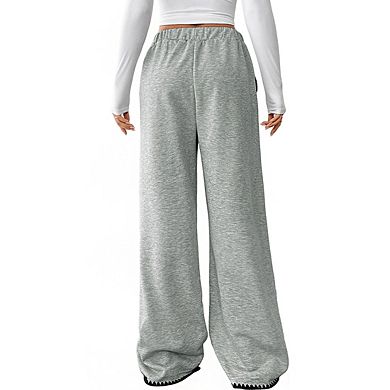 Womens Elastic Waist Drawstring Contrast Trim Side Pockets Casual Wide Leg Pants