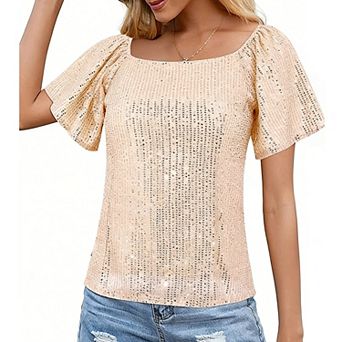 Women's Off-the-Shoulder Sequin Blouse - Puff Sleeve Ribbed Top for Party Casual Evening Wear