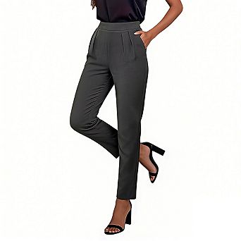 Womens High Waist Pleated Slim Fit Casual Office Cropped Pants with Side Pockets