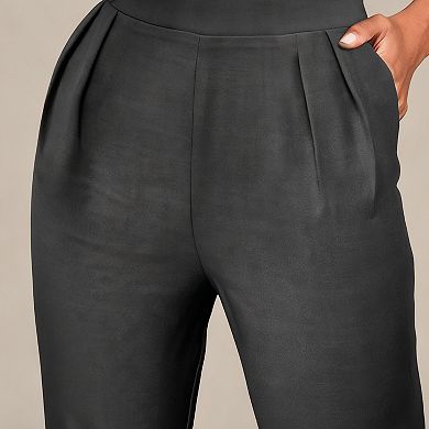 Womens High Waist Pleated Slim Fit Casual Office Cropped Pants with Side Pockets