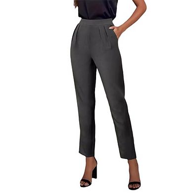 Womens High Waist Pleated Slim Fit Casual Office Cropped Pants with Side Pockets