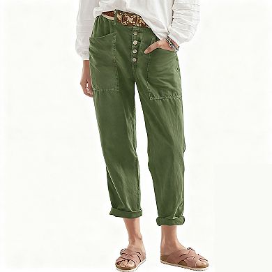 Womens Button Front High Waist Rolled Cuffs Cropped Pants with Pockets