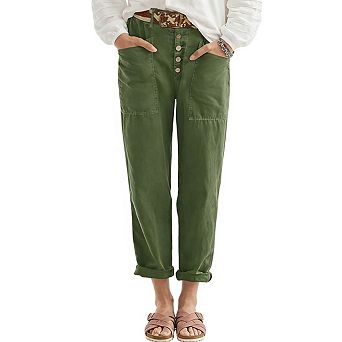Womens Button Front High Waist Rolled Cuffs Cropped Pants with Pockets