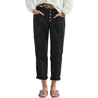 Womens Button Front High Waist Rolled Cuffs Cropped Pants with Pockets