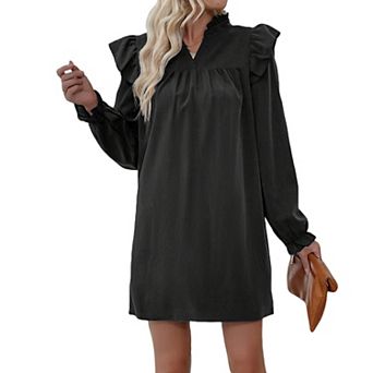 Women's Corduroy Ruffle Long Sleeve Mini Dress - Stand Collar Casual Dress for Daily Wear