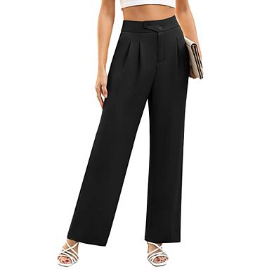 Womens High Waist Double Button Pleated Casual Wide Leg Pants with Side Pockets