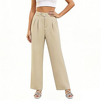 Womens High Waist Double Button Pleated Casual Wide Leg Pants with Side Pockets