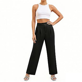 Womens High Waist Double Button Pleated Casual Wide Leg Pants with Side Pockets