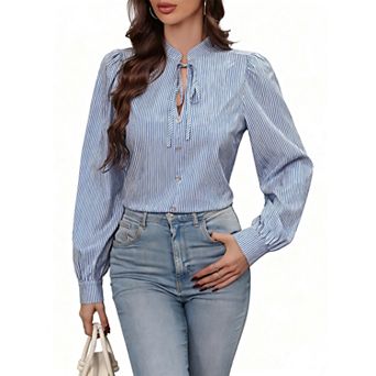 Women's Striped Tie-Neck Blouse - Puff Sleeve Button Shirt for Casual Office Daily Wear