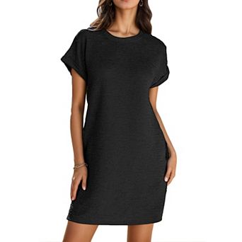 Women's Textured Short Sleeve Mini Dress - Crew Neck Oversized Pocket Dress for Casual Daily Wear