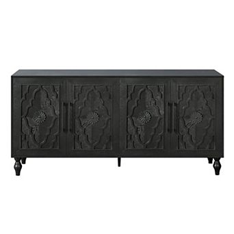 HomeRoots 68" Black Distressed Carved Floral Sideboard with Four Doors