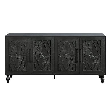 HomeRoots 68" Black Distressed Carved Floral Sideboard with Four Doors