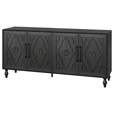 HomeRoots 68" Black Distressed Carved Floral Sideboard with Four Doors