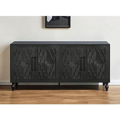 HomeRoots 68" Black Distressed Carved Floral Sideboard with Four Doors