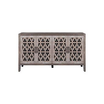 HomeRoots 63" Brown Distressed Carved Scrollwork Sideboard with Four Doors