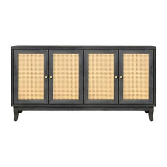 HomeRoots 65" Charcoal and Natural Wood and Rattan Sideboard with Four Doors