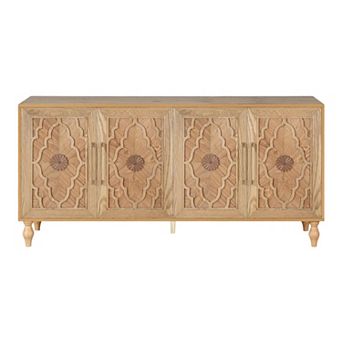 HomeRoots 68" Natural Distressed Carved Geometric Sideboard with Four Doors