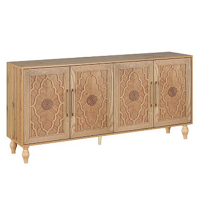 HomeRoots 68" Natural Distressed Carved Geometric Sideboard with Four Doors