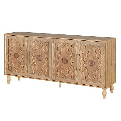 HomeRoots 68" Natural Distressed Carved Geometric Sideboard with Four Doors