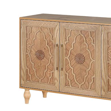 HomeRoots 68" Natural Distressed Carved Geometric Sideboard with Four Doors