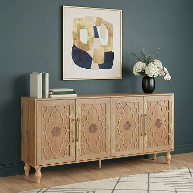 HomeRoots 68" Natural Distressed Carved Geometric Sideboard with Four Doors