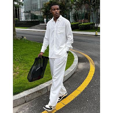 COOFANDY Mens Coordinated Outfit Linen Beach Long Sleeve Button Down Shirts and Pants Suit Set