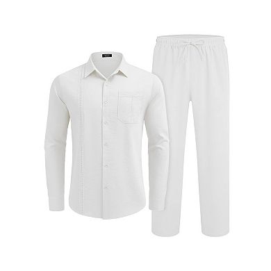 COOFANDY Mens Coordinated Outfit Linen Beach Long Sleeve Button Down Shirts and Pants Suit Set