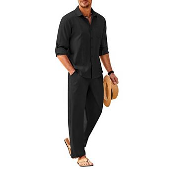 COOFANDY Mens Coordinated Outfit Linen Beach Long Sleeve Button Down Shirts and Pants Suit Set
