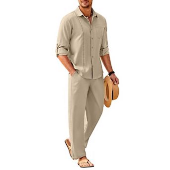 COOFANDY Mens Coordinated Outfit Linen Beach Long Sleeve Button Down Shirts and Pants Suit Set