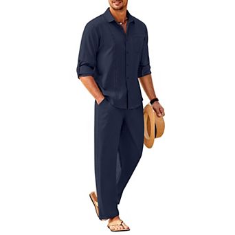 COOFANDY Mens Coordinated Outfit Linen Beach Long Sleeve Button Down Shirts and Pants Suit Set