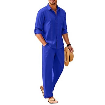 COOFANDY Mens Coordinated Outfit Linen Beach Long Sleeve Button Down Shirts and Pants Suit Set
