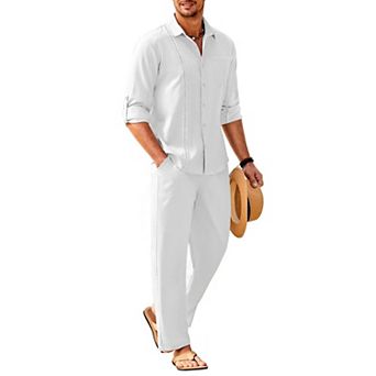 COOFANDY Mens Coordinated Outfit Linen Beach Long Sleeve Button Down Shirts and Pants Suit Set