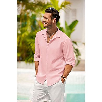COOFANDY Men's Linen Shirts Short Sleeve Casual Shirts Button Down Shirt for Men Beach Summer
