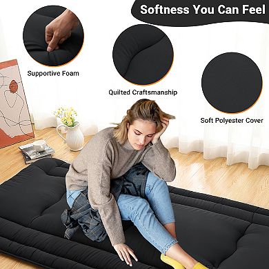 Plush Solid Japanese Futon Mattress, 3" Supportive Comfort, Foldable Space-Saving Floor Guest Bed