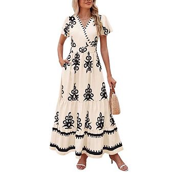 Women Summer Casual V Neck Boho Maxi Dress Flowy Aline Bell Sleeve Tiered Floral Dresses with Pocket