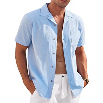 COOFANDY Mens Casual Cotton Linen Shirt Short Sleeve Button Up Shirts Summer Beach Top