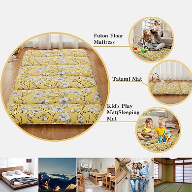 Floral Japanese Futon Mattress Twin Full Size, Soft Plush Fabric, Foldable Floor Sleeping Pad
