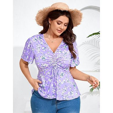 Women's Plus Size Blouse Shirts Short Sleeve V Neck Tunic Tops Casual Ruffle Pleated Top
