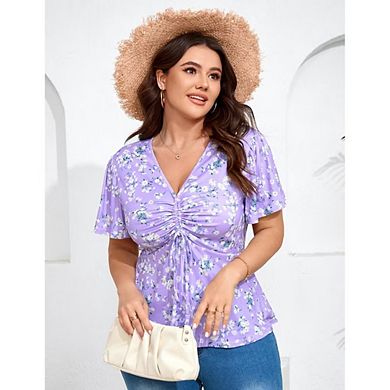 Women's Plus Size Blouse Shirts Short Sleeve V Neck Tunic Tops Casual Ruffle Pleated Top