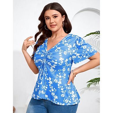 Women's Plus Size Blouse Shirts Short Sleeve V Neck Tunic Tops Casual Ruffle Pleated Top