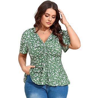 Women's Plus Size Blouse Shirts Short Sleeve V Neck Tunic Tops Casual Ruffle Pleated Top