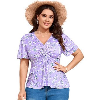 Women's Plus Size Blouse Shirts Short Sleeve V Neck Tunic Tops Casual Ruffle Pleated Top