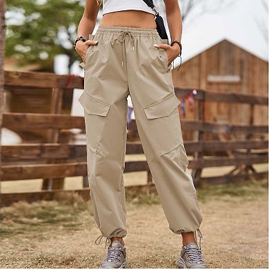 Women's Relaxed Fit Cargo Pants, Drawstring Waist Jogger Casual Workwear Trousers with Pockets