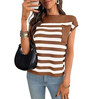 Women Short Sleeve Sweater Crew Neck Summer Tops Travel Business Casual Spring Outfits with Pocket