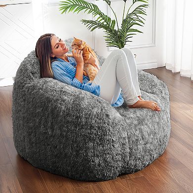 Soft Fluffy Bean Bag Chair High-Density Foam Shag Lounger, Comfy Nest Floor Sofa for Gaming Reading